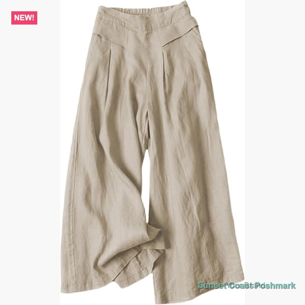 Cotton Linen Culottes Pants Elastic Waist Wide Leg Palazzo Trousers